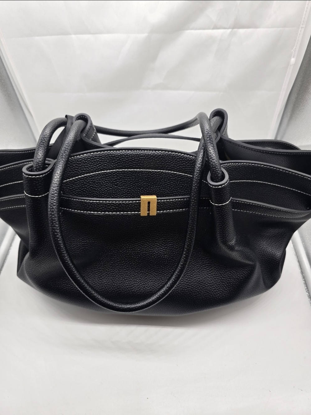JW PEI Black Pebbled Tote with Gold Accent
